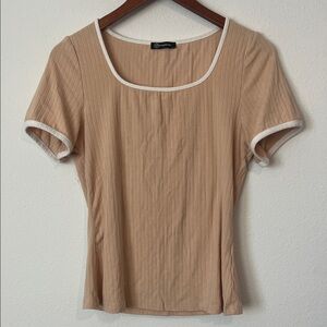 Boutique Tan Ribbed Top with White Trim